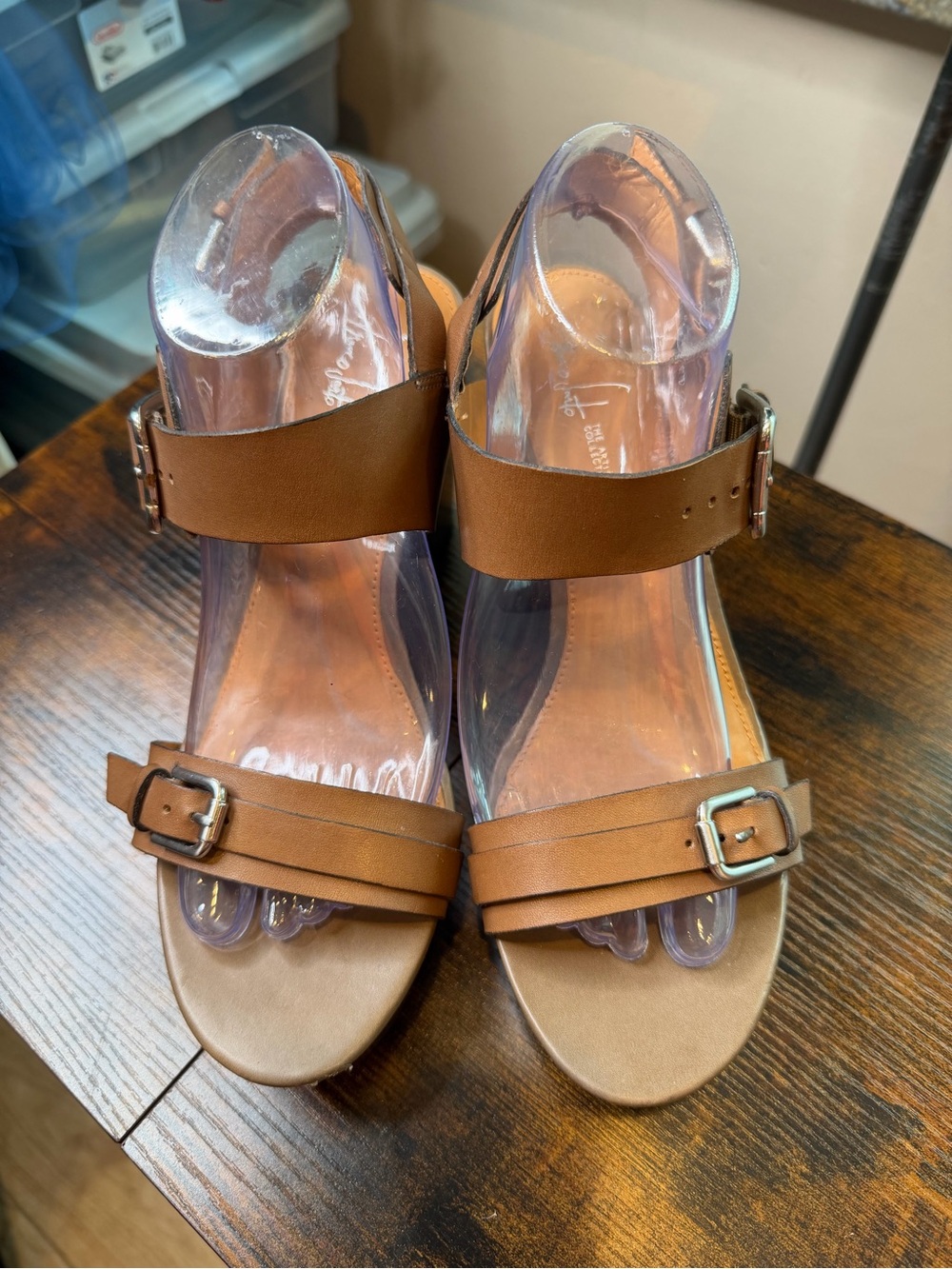 Franco Sarto Divine wedge sandals brown leather straps metallic buckle Size 9.5